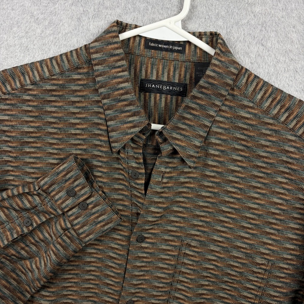 Jhane Barnes Shirt Mens Large Brown Geometric Abstract Japan Woven Button Down